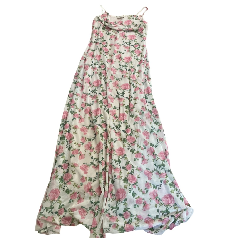 See You Monday Pink Rose Floral Mesh Maxi Dress Cowl Neck S